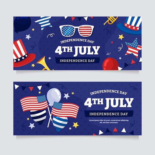 Flat 4th of july horizontal banners set with glasses and balloons