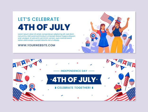 Flat 4th of july horizontal banners set with people and fireworks