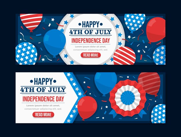 Flat 4th of july horizontal banners with balloons