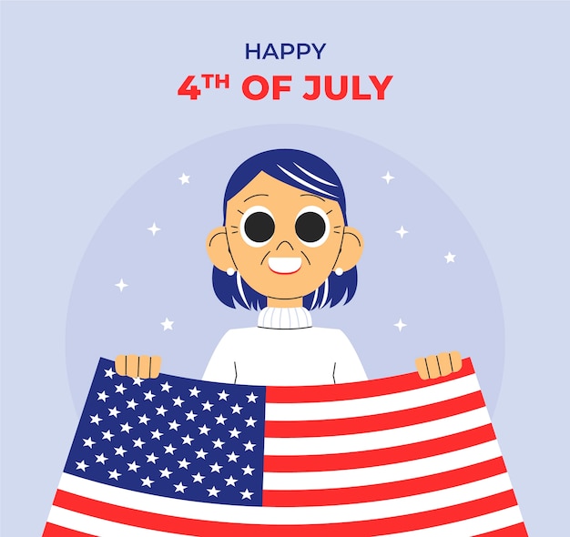 Flat 4th of july illustration with woman holding flag