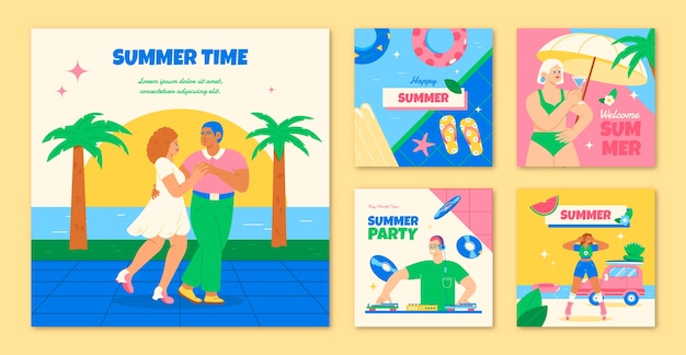 Free Vector flat 80's summer season instagram posts collection