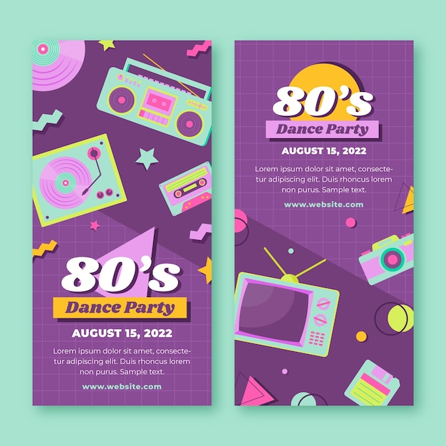 Free Vector flat 80's themed party vertical banners set