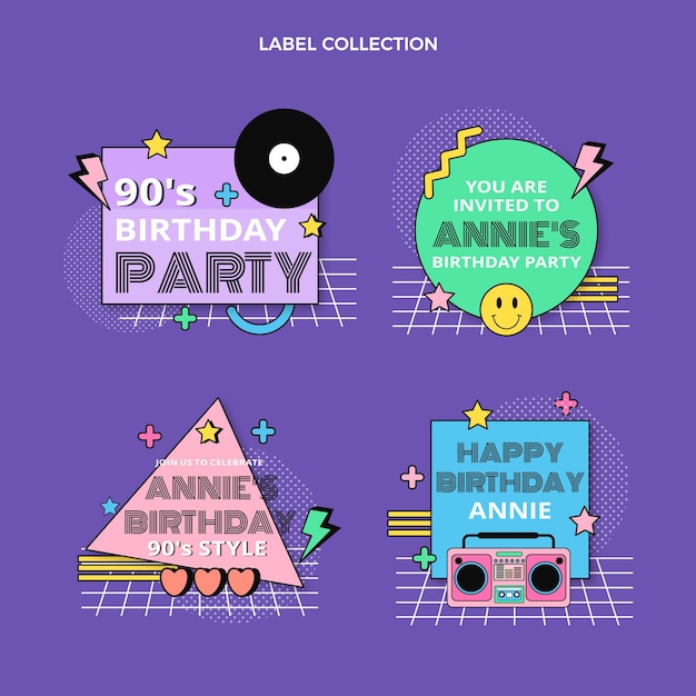 Flat 90s nostalgic birthday label collection