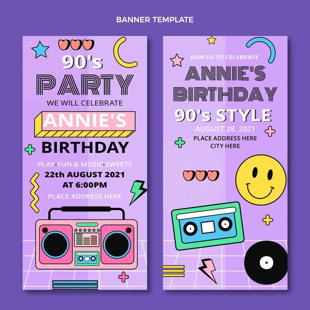 Flat 90s nostalgic birthday vertical banners