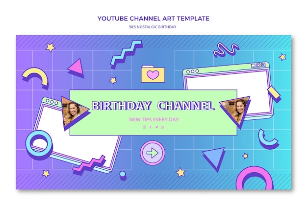 Free Vector flat 90s nostalgic birthday youtube channel art