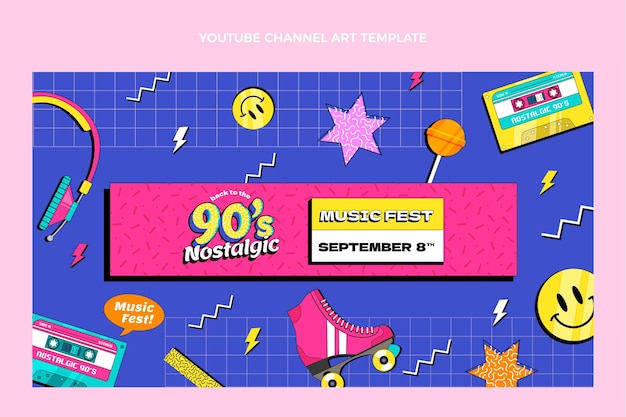 Free Vector flat 90s nostalgic music festival youtube channel art