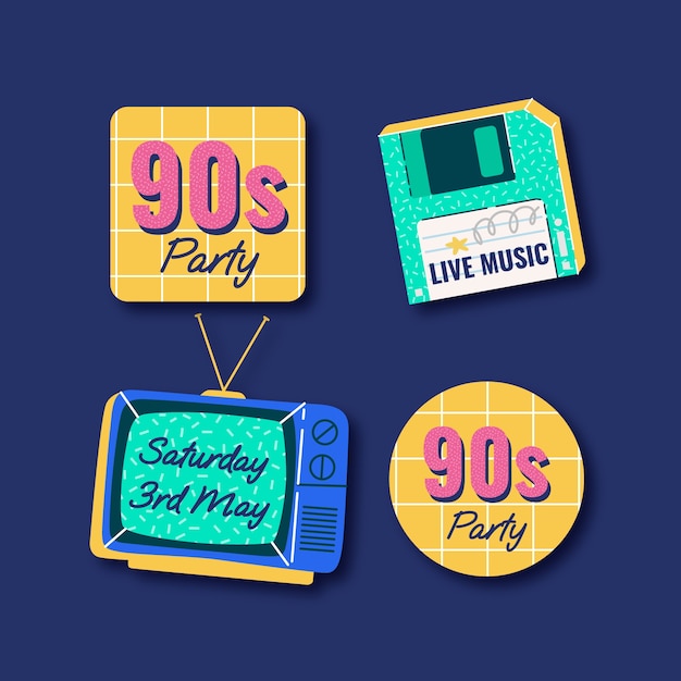 Flat 90s party labels collection