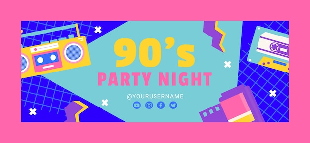 Flat 90s party social media cover template