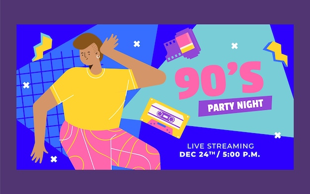 Flat 90s party social media post template