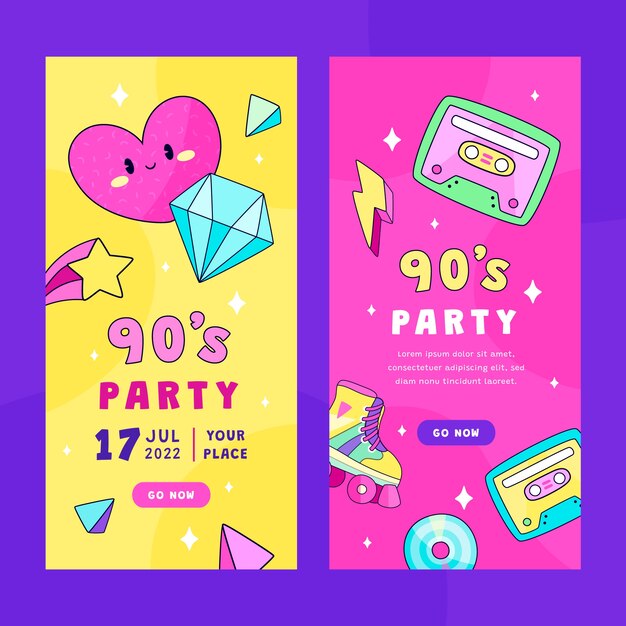 Flat 90s party vertical banners pack