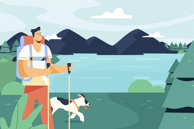 Flat adventure background with dog