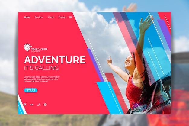 Flat adventure landing page template with photo