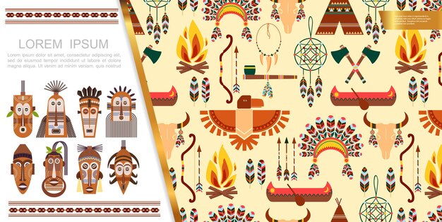 Flat african ethnic elements concept with tribal masks arrows bow feathers headwear bull skull dream catcher boat tomahawks eagle smoking pipe bonfire  illustration