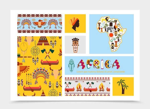 Flat african native elements composition with animals Africa map tribal masks ethnic and traditional symbols   illustration