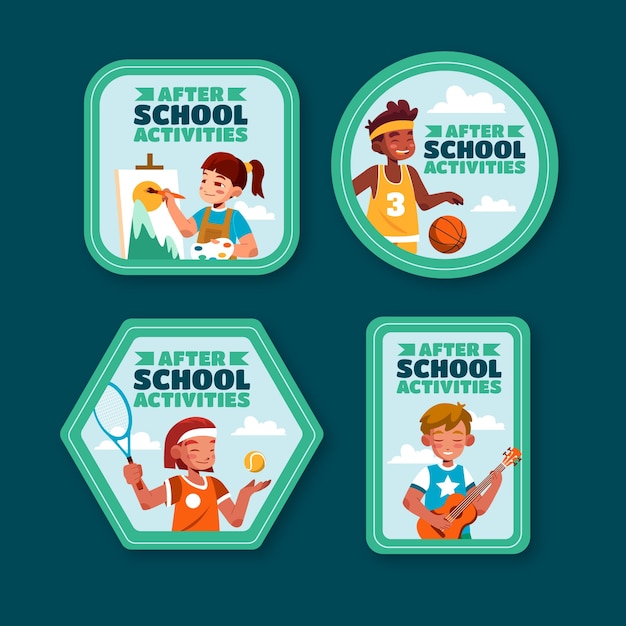 Flat after-school activities for children labels collection