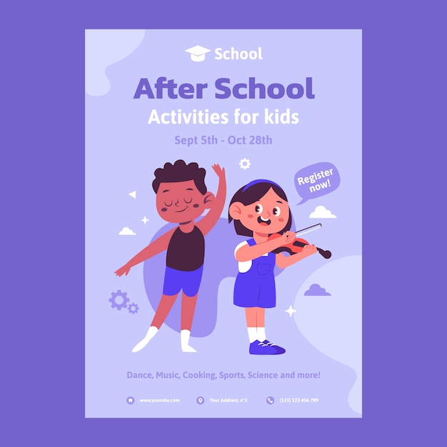 Flat after-school activities for children vertical poster template