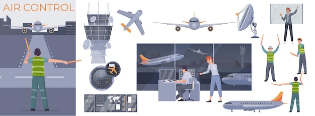 Free vector flat air traffic control composition set with isolated airplanes airport tower aircraft controllers and marshallers at work vector illustration