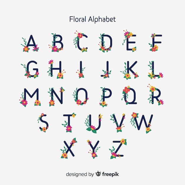 Flat alphabet with flowers and leaves