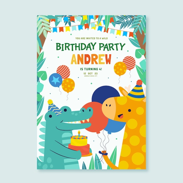 Flat animals birthday invitation template