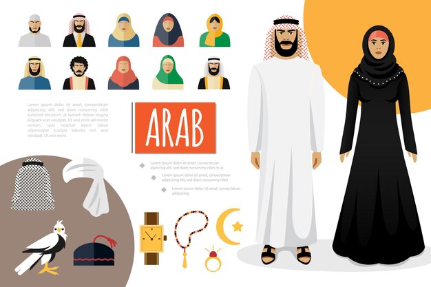 Flat Arab culture elements composition with muslim people in traditional illustration