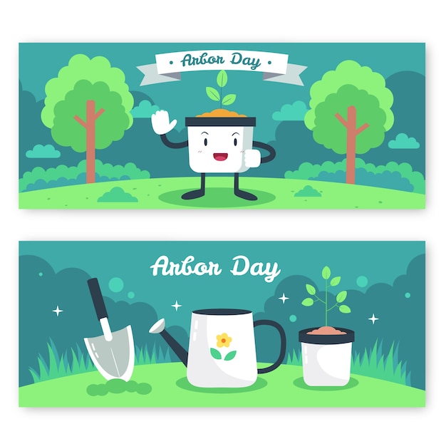 Flat arbor day horizontal banners set