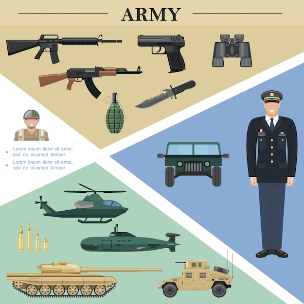 Free Vector flat army elements template with officer soldier military vehicles machine guns grenade knife binoculars pistol bullets