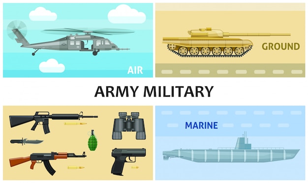 Flat army and military composition with automatic machines pistol grenade bullets knife binoculars submarine tank helicopter