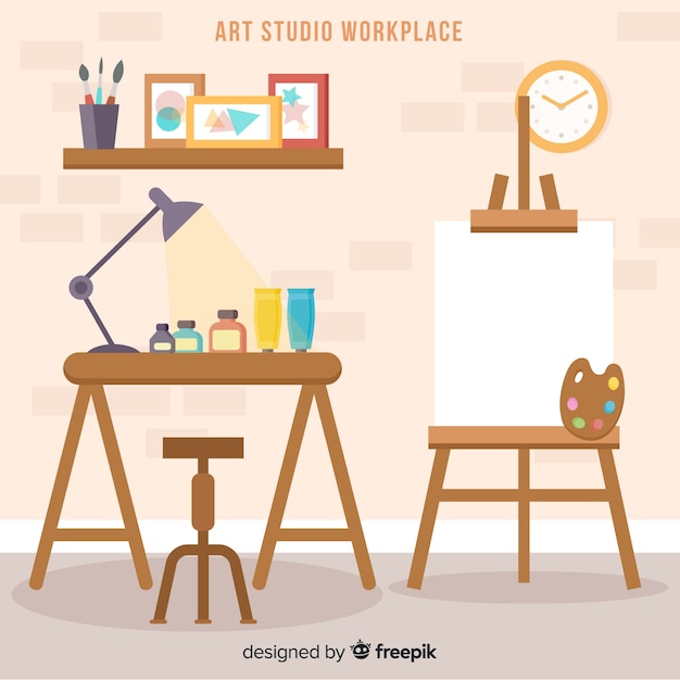 Flat art studio workplace illustration