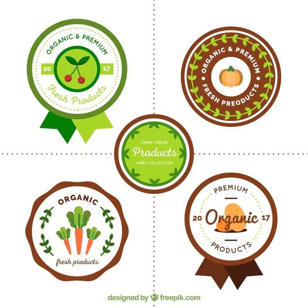 Flat assortment of round stickers with organic food