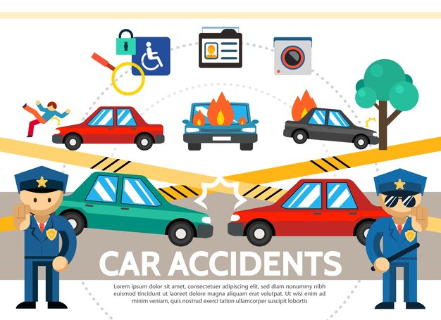 Flat auto accident concept with car crash pedestrian hit burning automobiles police surveillance video camera