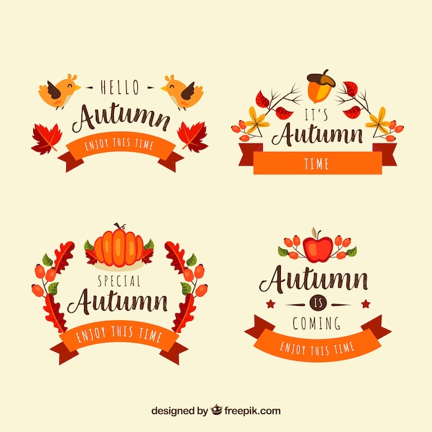 Flat autumn badges with ribbon