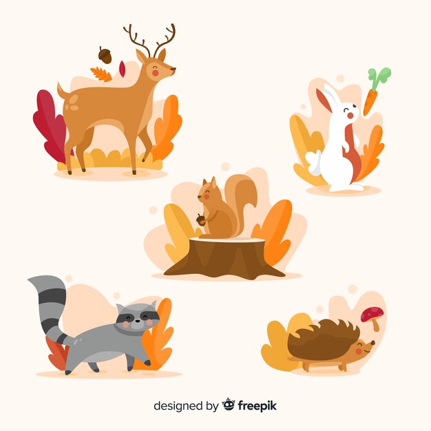 Flat autumn forest animals collection