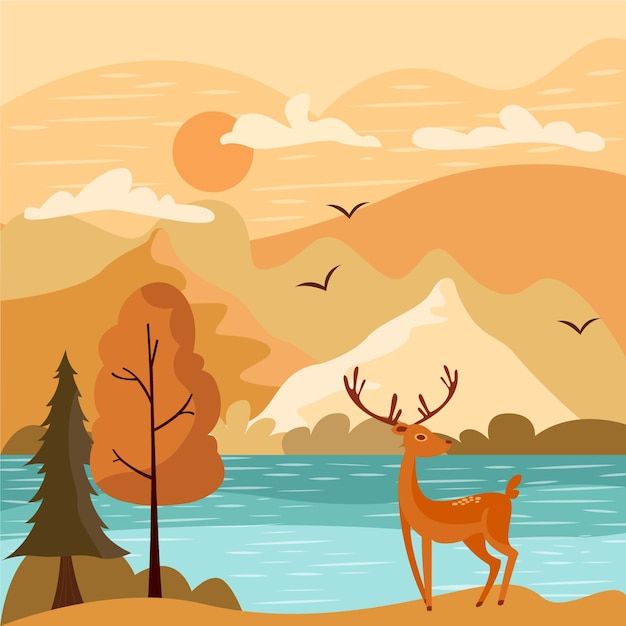 Free Vector flat autumn illustration with deer and lake landscape