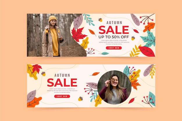 Free vector flat autumn sale horizontal banners set with photo