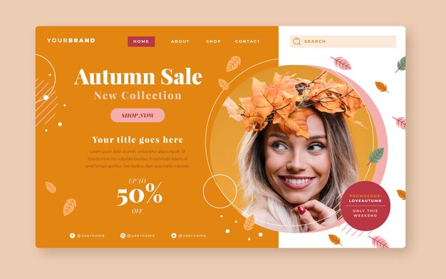 Flat autumn sale landing page template with photo