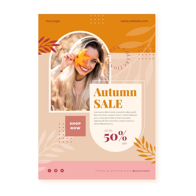 Flat autumn sale vertical poster template with photo