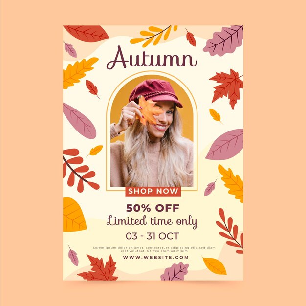 Flat autumn sale vertical poster template with photo