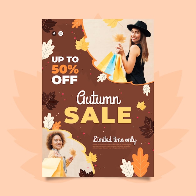 Flat autumn vertical sale poster template with photo