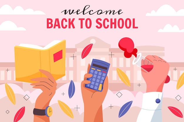 Flat back to school background with hands holding supplies