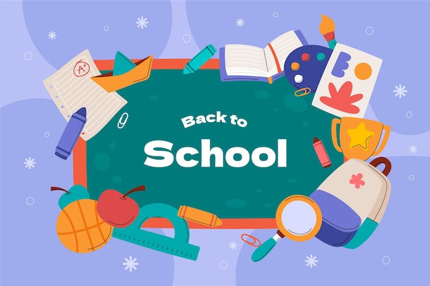 Flat back to school background with school supplies and blackboard