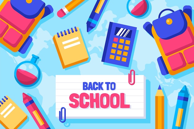 Flat back to school background with school supplies