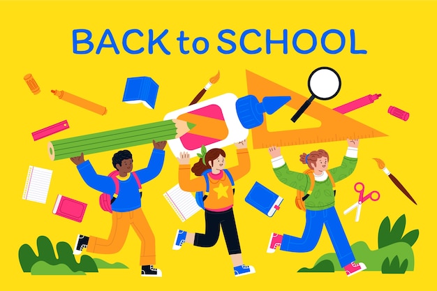 Flat back to school background with students