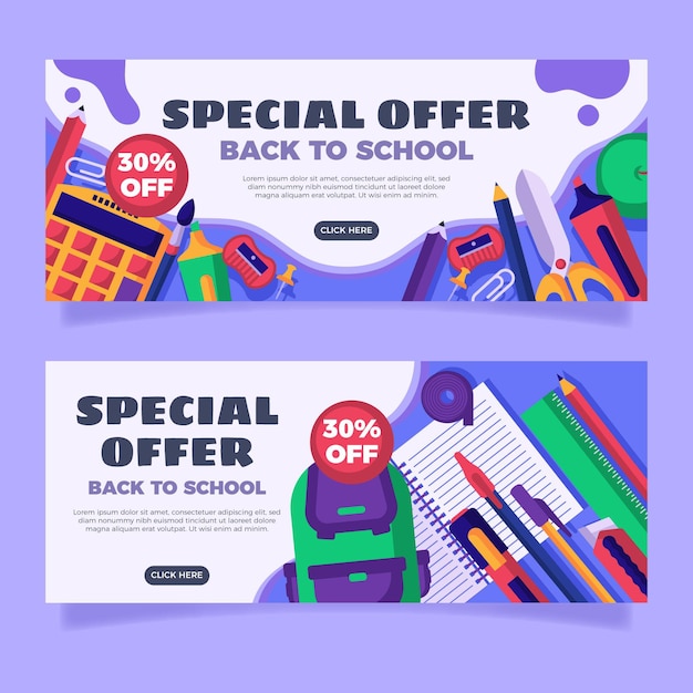 Free vector flat back to school horizontal banners set