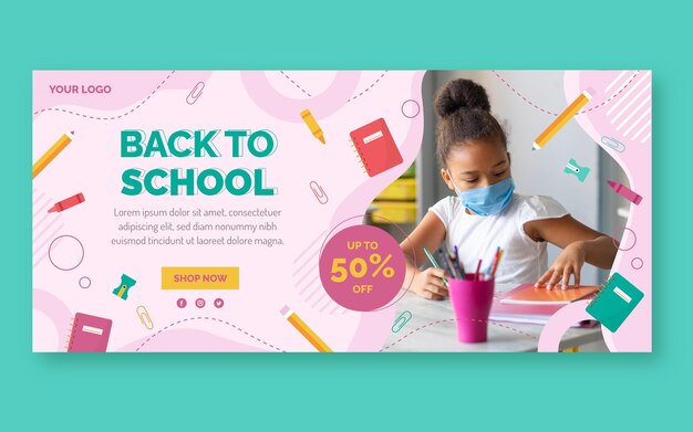 Flat back to school horizontal sale banner template