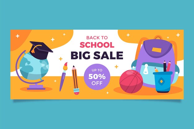 Flat back to school horizontal sale banner template