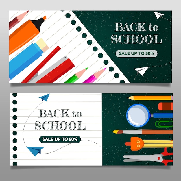 Flat back to school horizontal sale banners set