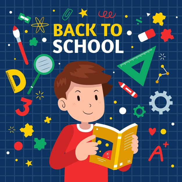 Flat back to school illustration with student and supplies