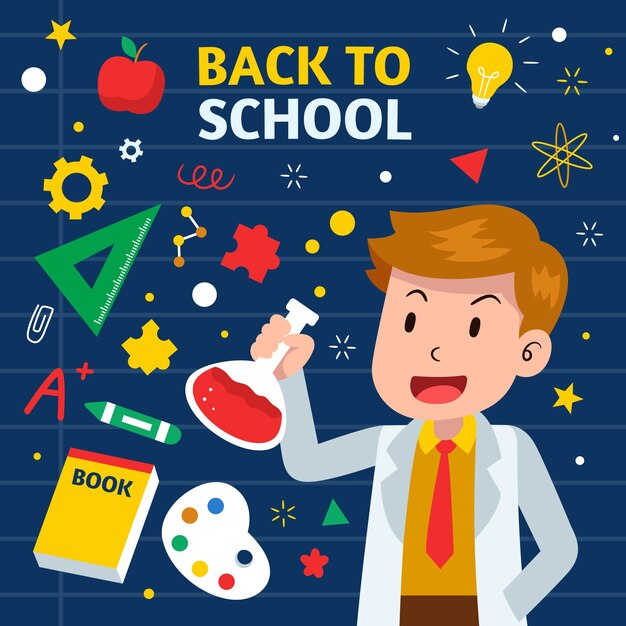 Flat back to school illustration with student and supplies