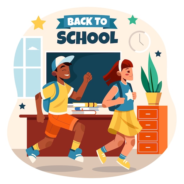 Flat back to school illustration with students in classroom