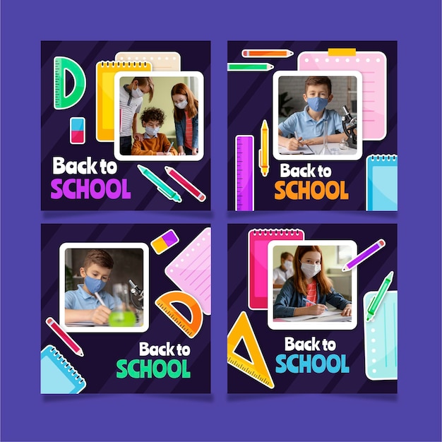 Free Vector flat back to school instagram posts collection with photo